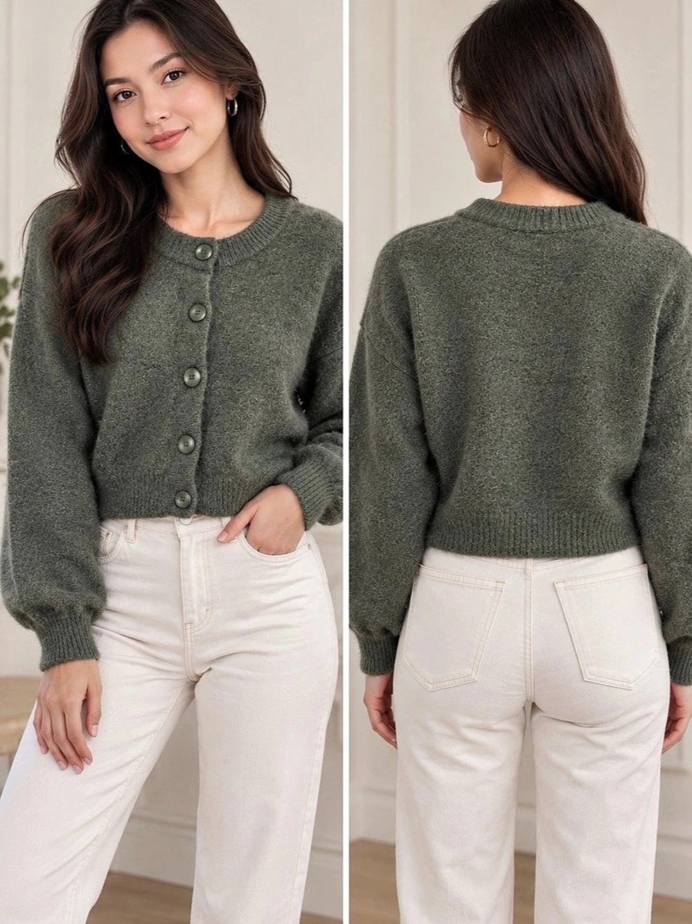 Green Button-Front Cardigan Like New